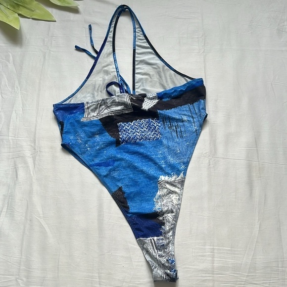 NWT SHEIN ICON Patchwork & Denim Look Print Drawstring Side Shorts Set - Picture 4 of 7